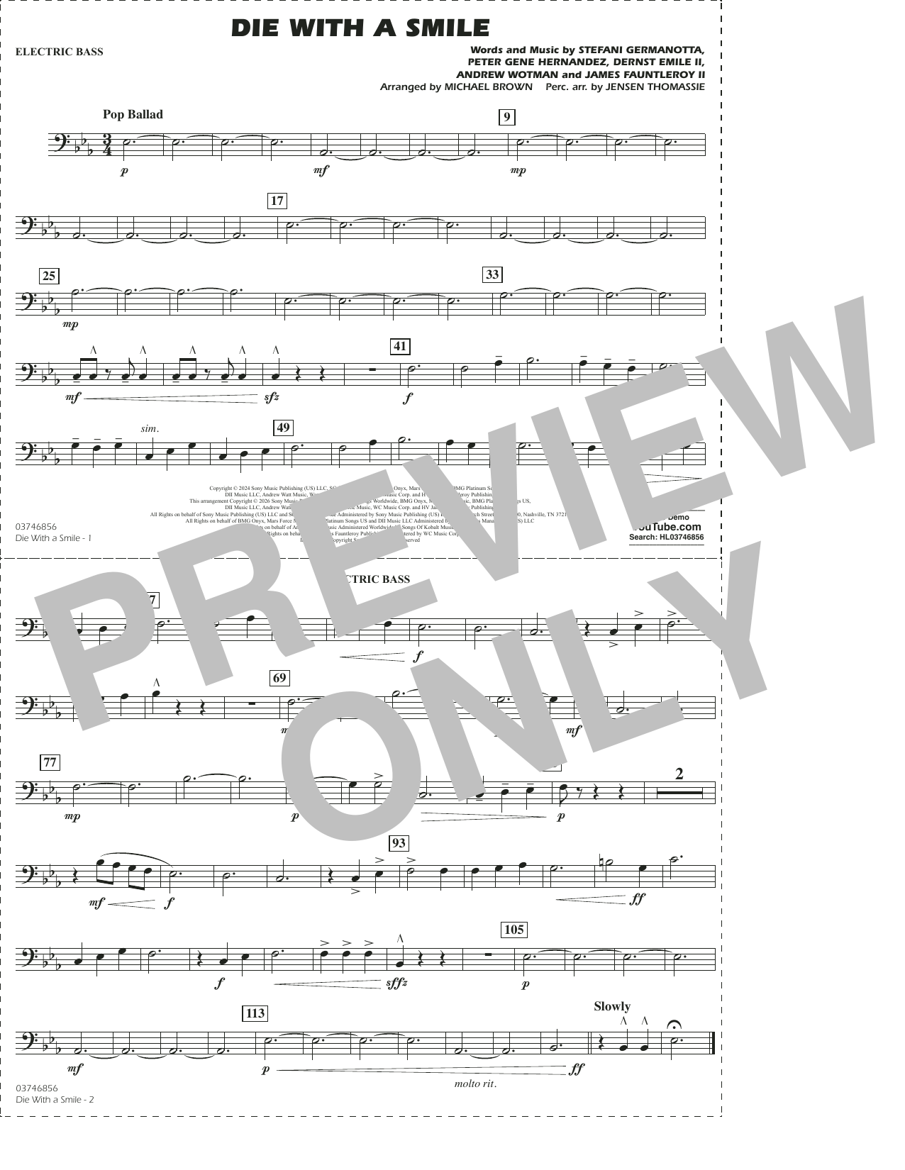 Die With A Smile (arr. Michael Brown) - Electric Bass