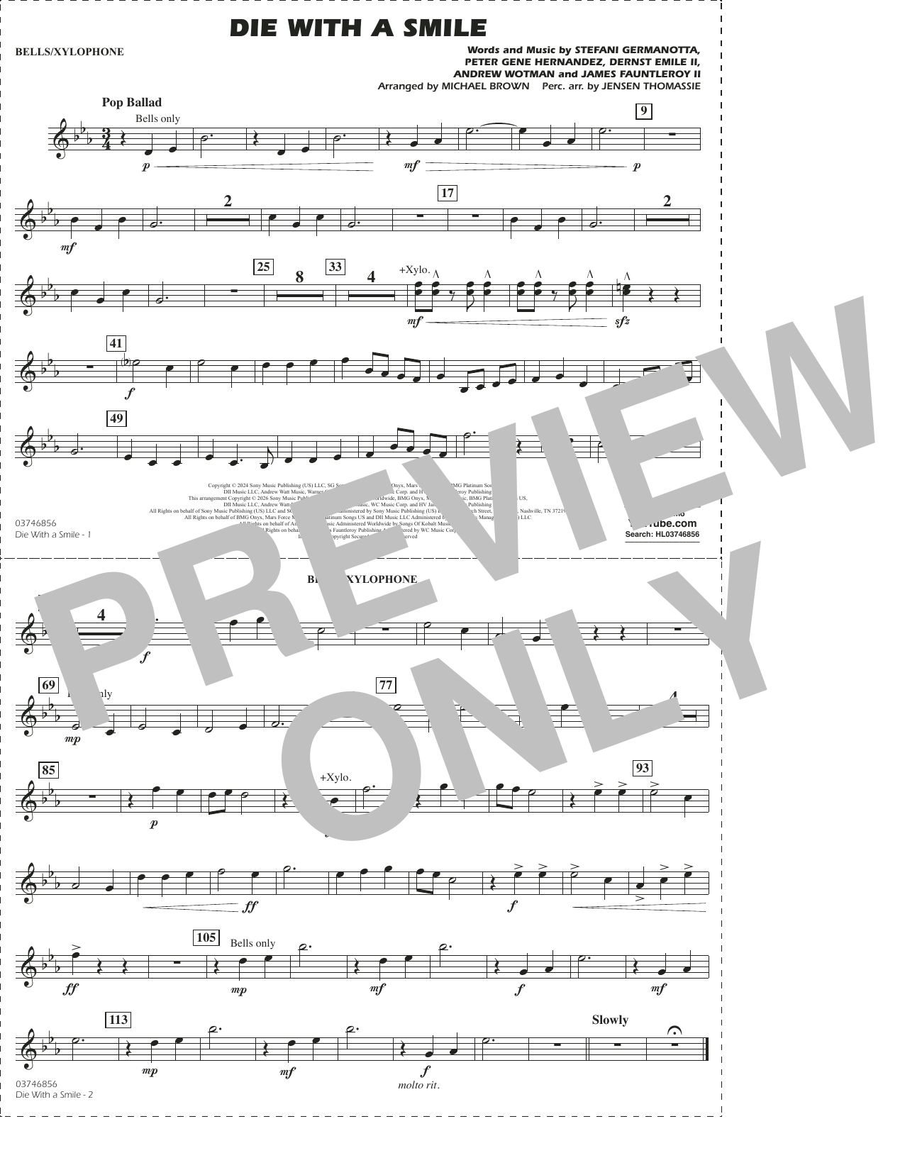 Die With A Smile (arr. Michael Brown) - Bells/Xylophone