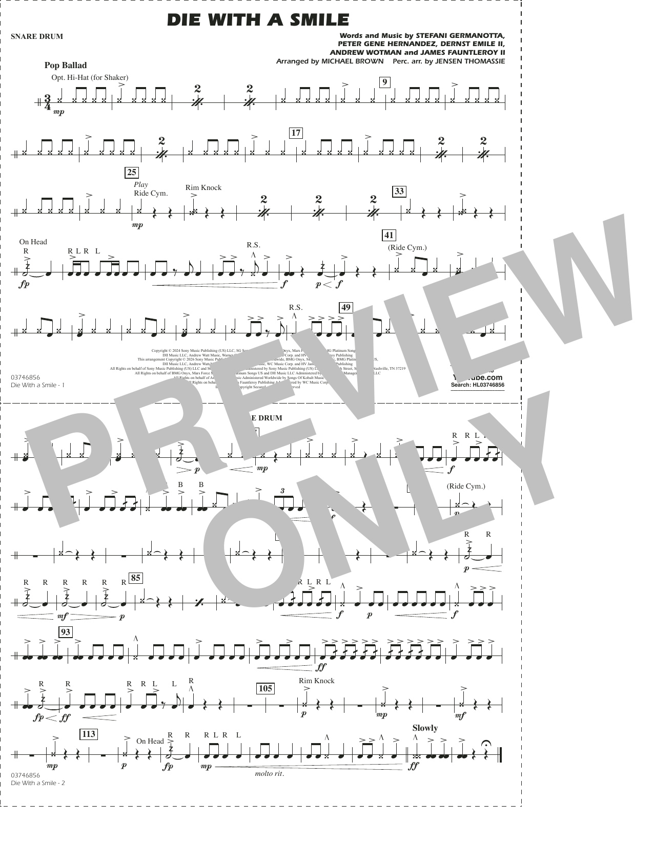 Die With A Smile (arr. Michael Brown) - Snare Drum
