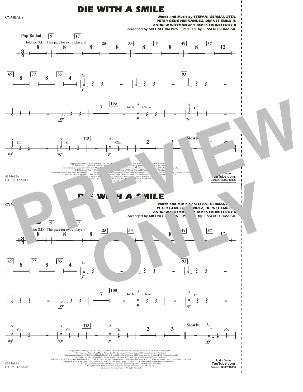 Die With A Smile (arr. Michael Brown) - Cymbals