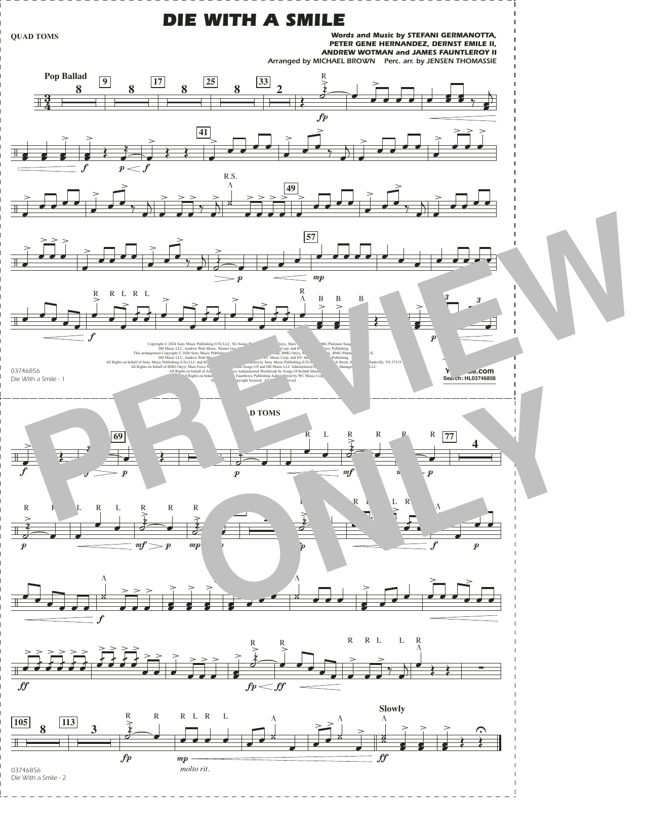 Die With A Smile (arr. Michael Brown) - Quad Toms