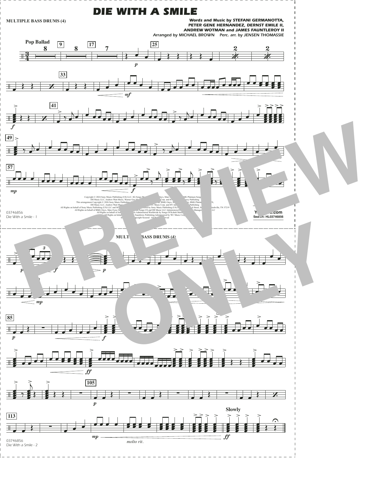 Die With A Smile (arr. Michael Brown) - Multiple Bass Drums