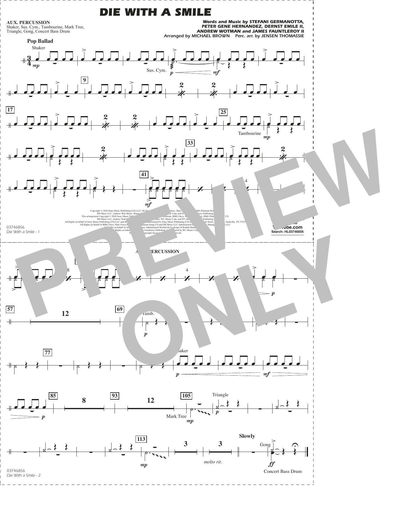 Die With A Smile (arr. Michael Brown) - Aux Percussion