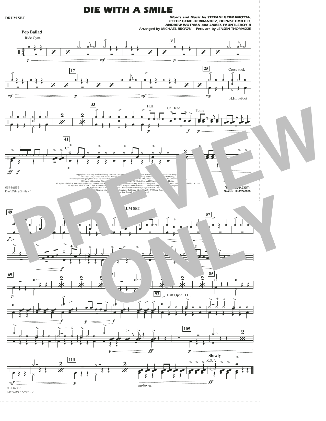 Die With A Smile (arr. Michael Brown) - Drum Set