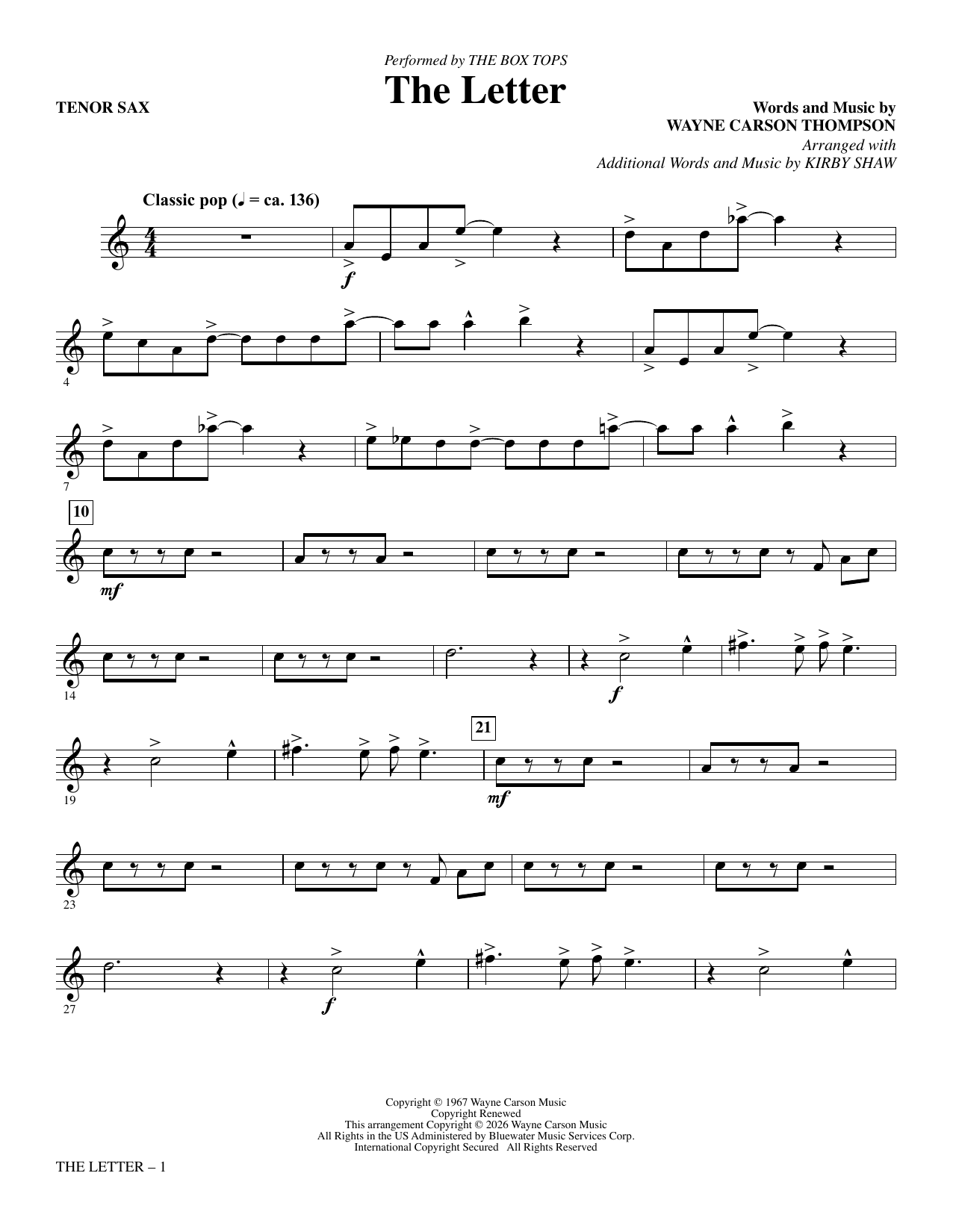 The Letter (arr. Kirby Shaw) - Tenor Sax: Choral Instrumental Pak