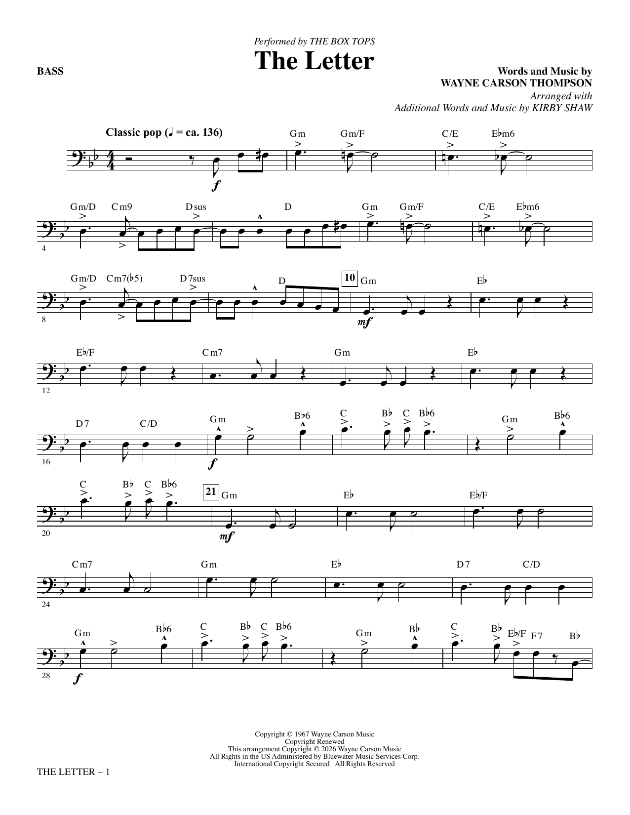 The Letter (arr. Kirby Shaw) - Bass: Choral Instrumental Pak