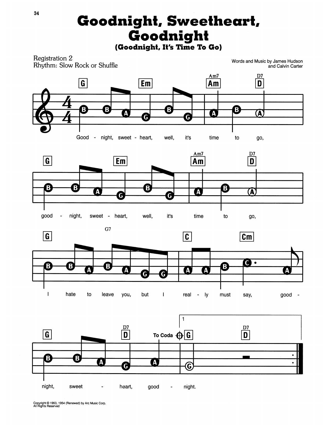 Goodnight, Sweetheart, Goodnight (Goodnight, It's Time To Go): E-Z Play Today