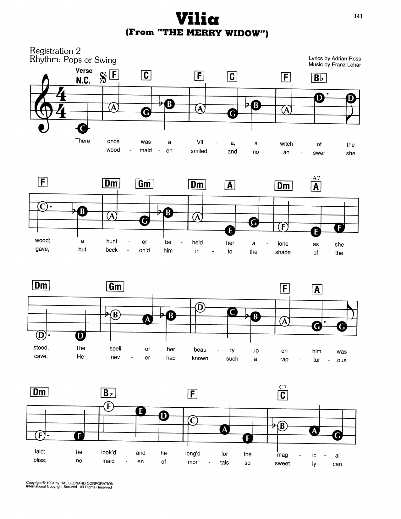 Vilia (from The Merry Widow): E-Z Play Today