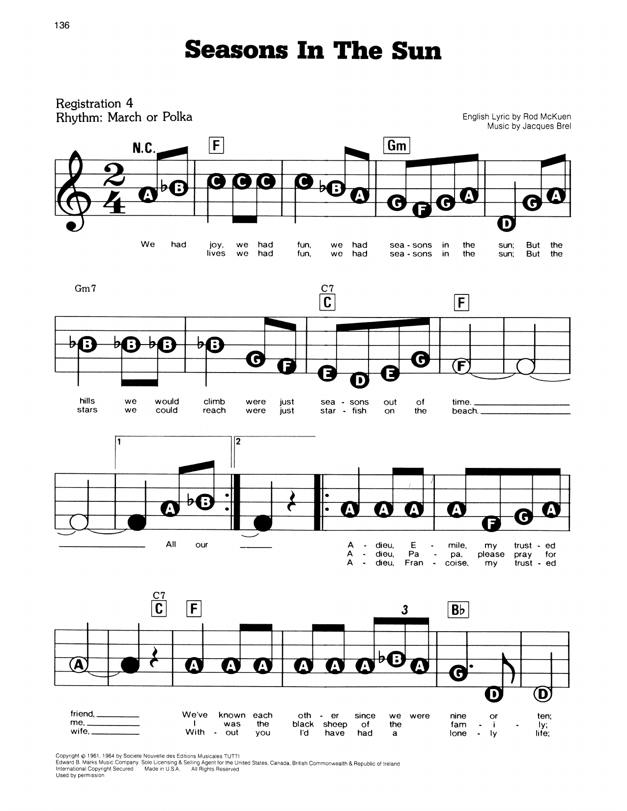 Seasons In The Sun (Le Moribond): E-Z Play Today