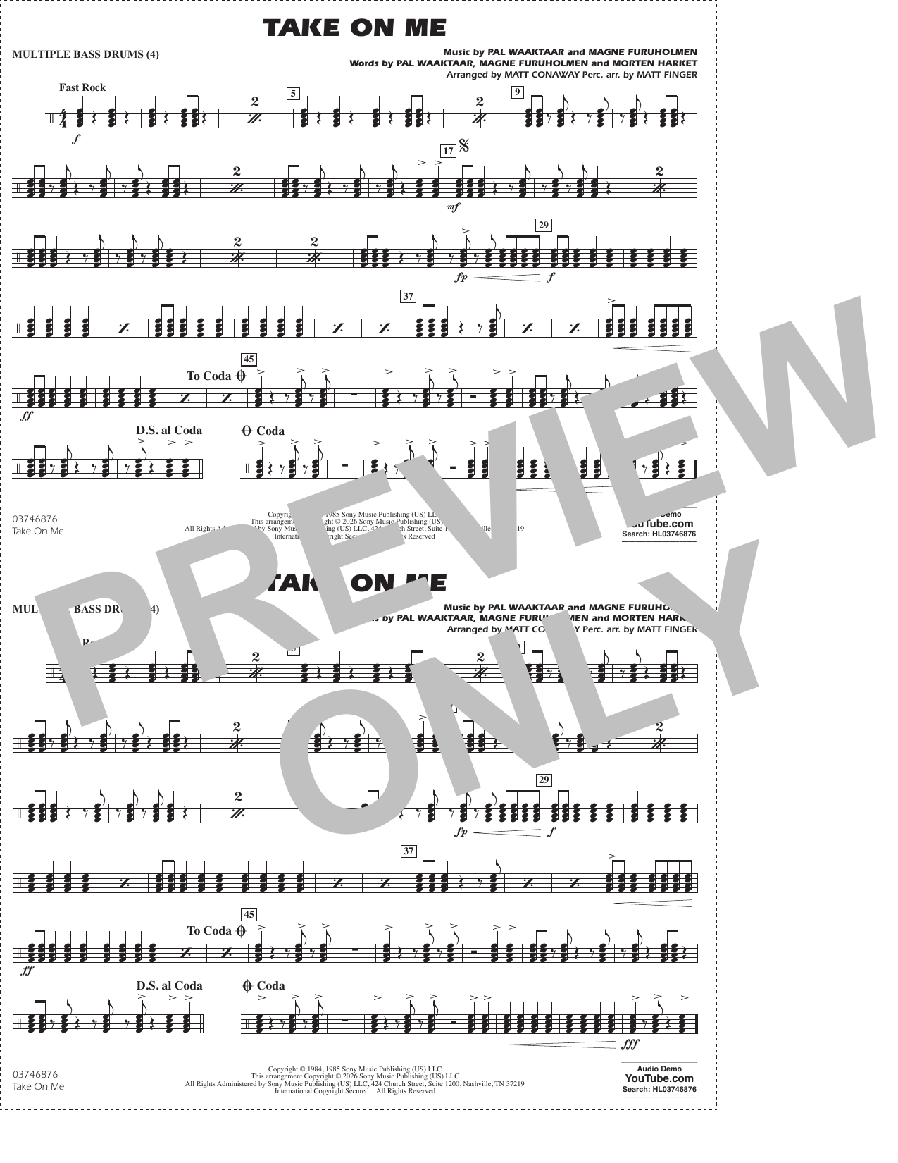 Take on Me (arr. Conway Finger) - Bass Drum
