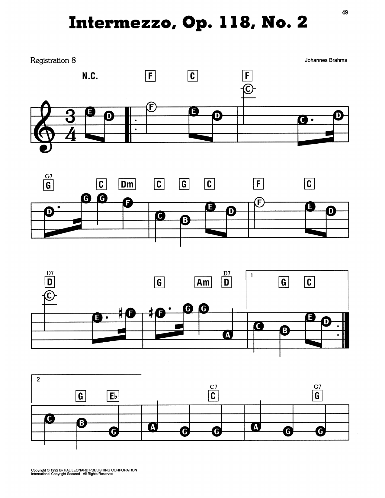 Intermezzo In A Major, Op. 118, No. 2: E-Z Play Today
