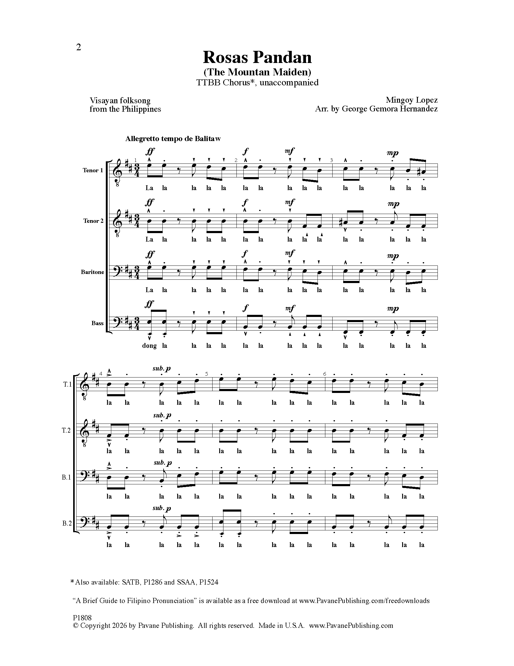 Rosas Pandan: TTBB Choral Octavo
