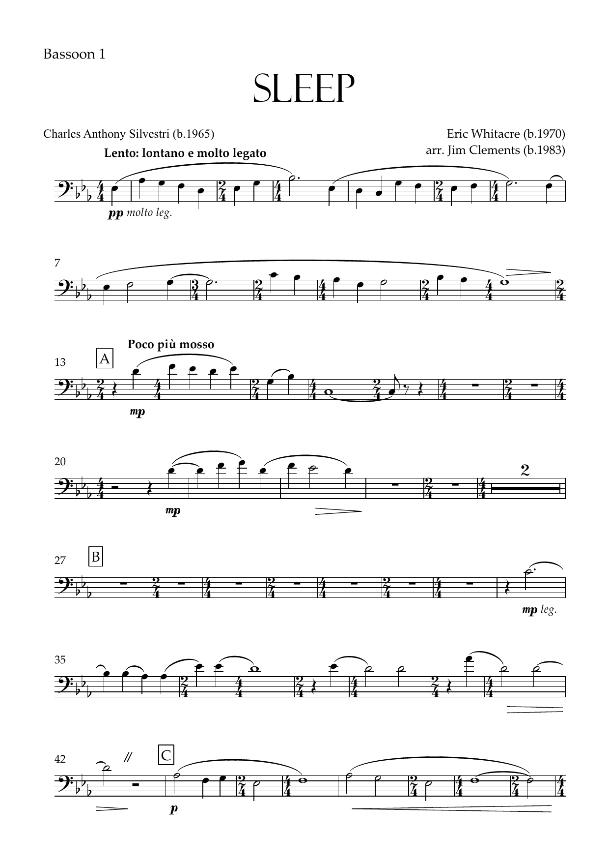 Sleep (arr. Jim Clements) - Bassoon 1
