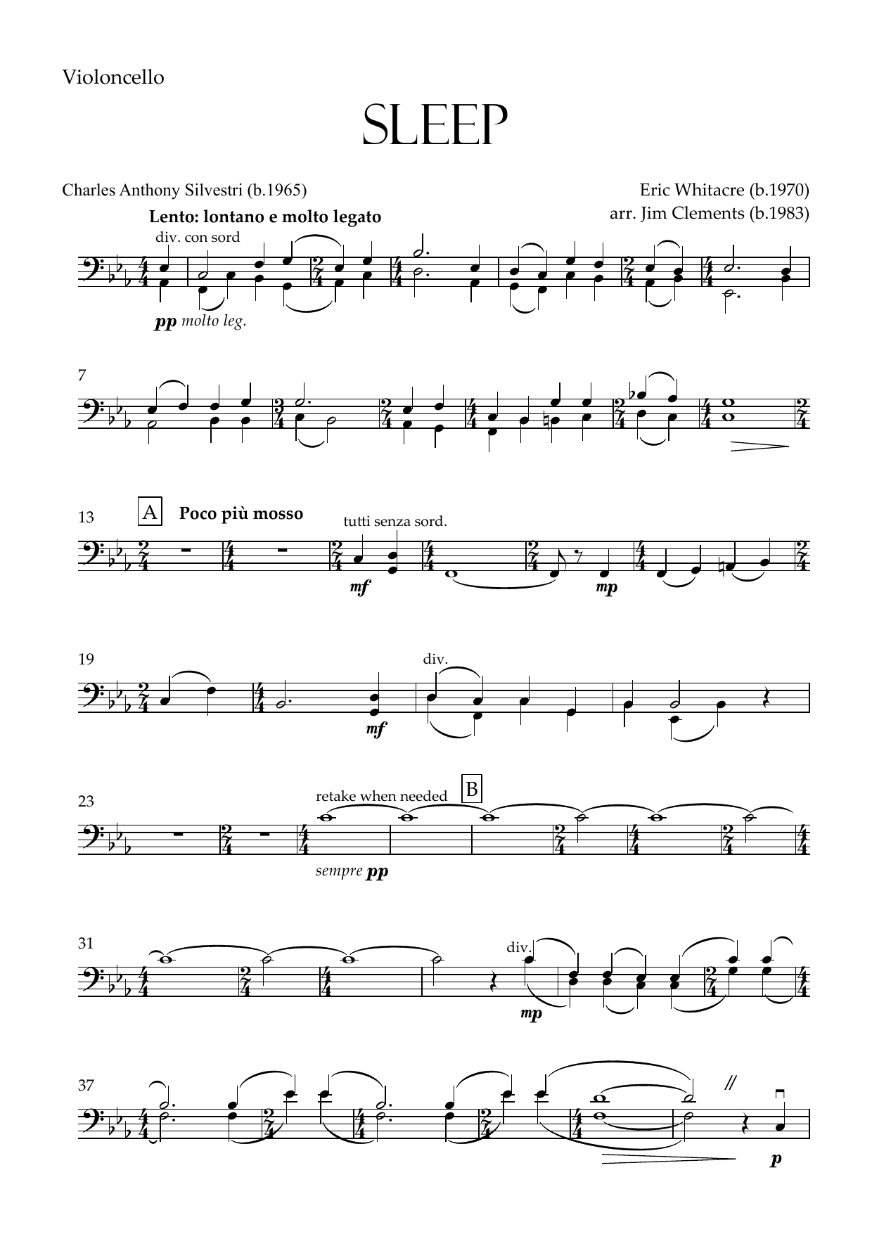 Sleep (arr. Jim Clements) - Violoncello