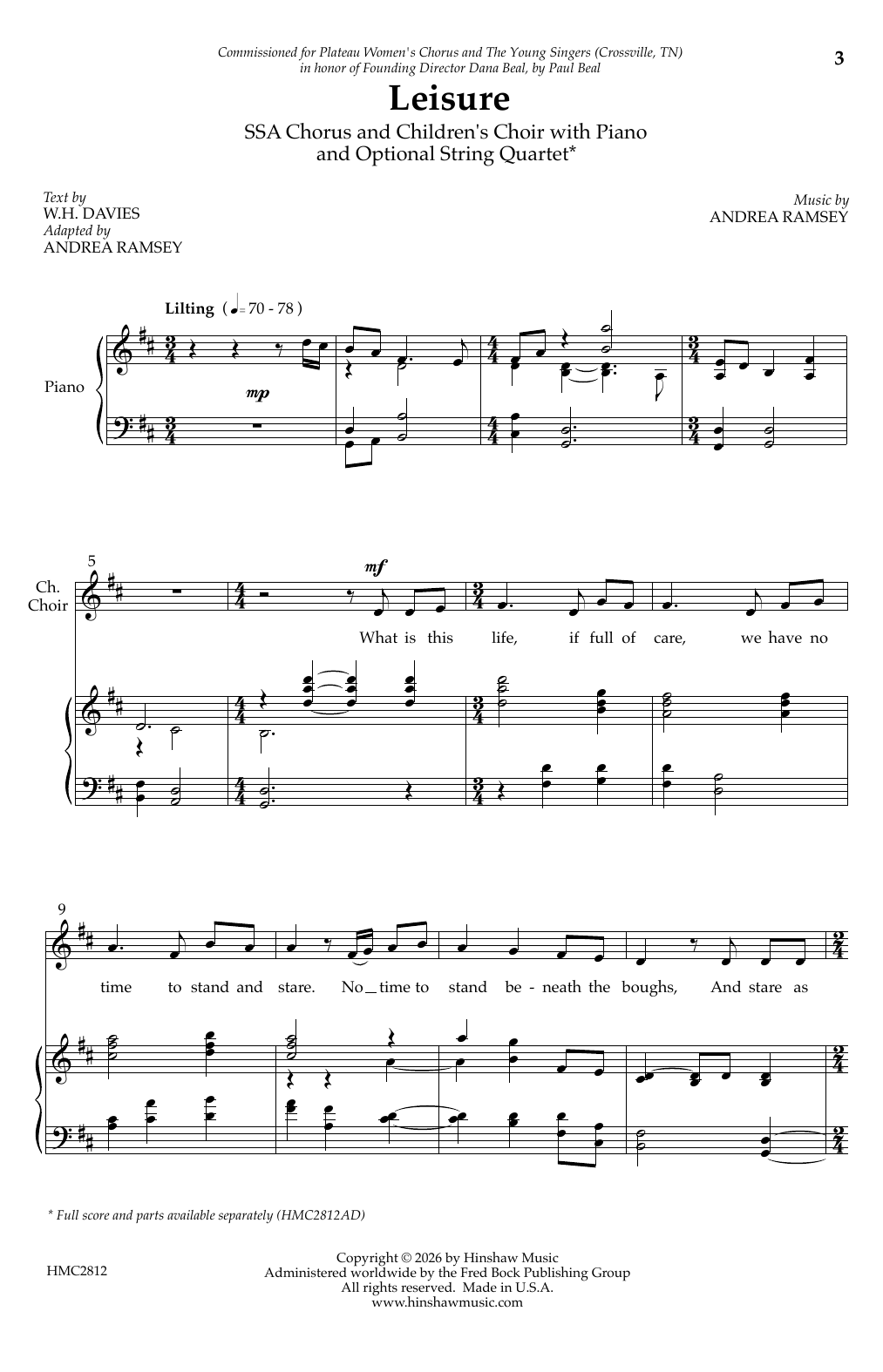 Leisure: SSA Choral Octavo