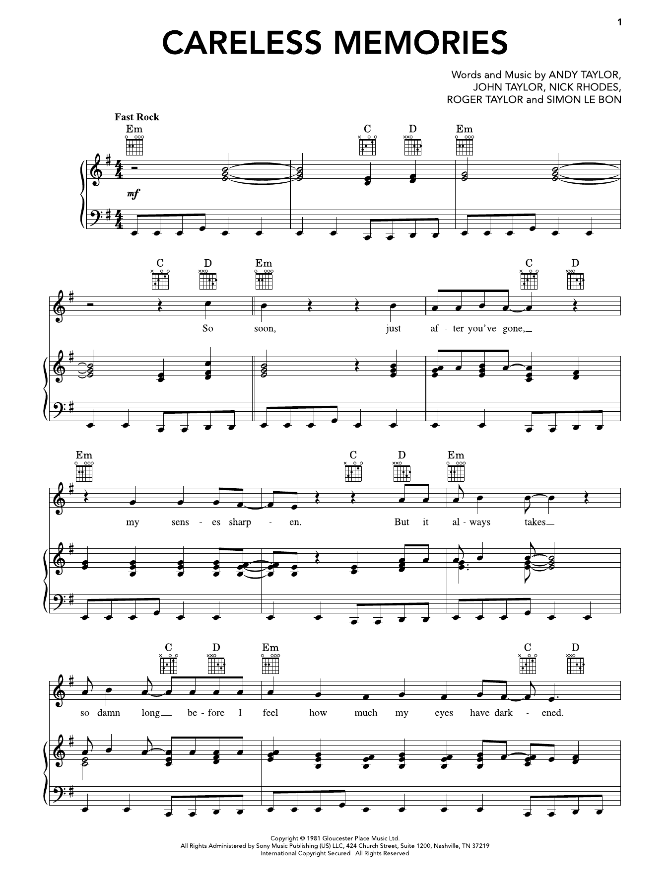 Careless Memories: Piano/Vocal/Guitar Sheet
