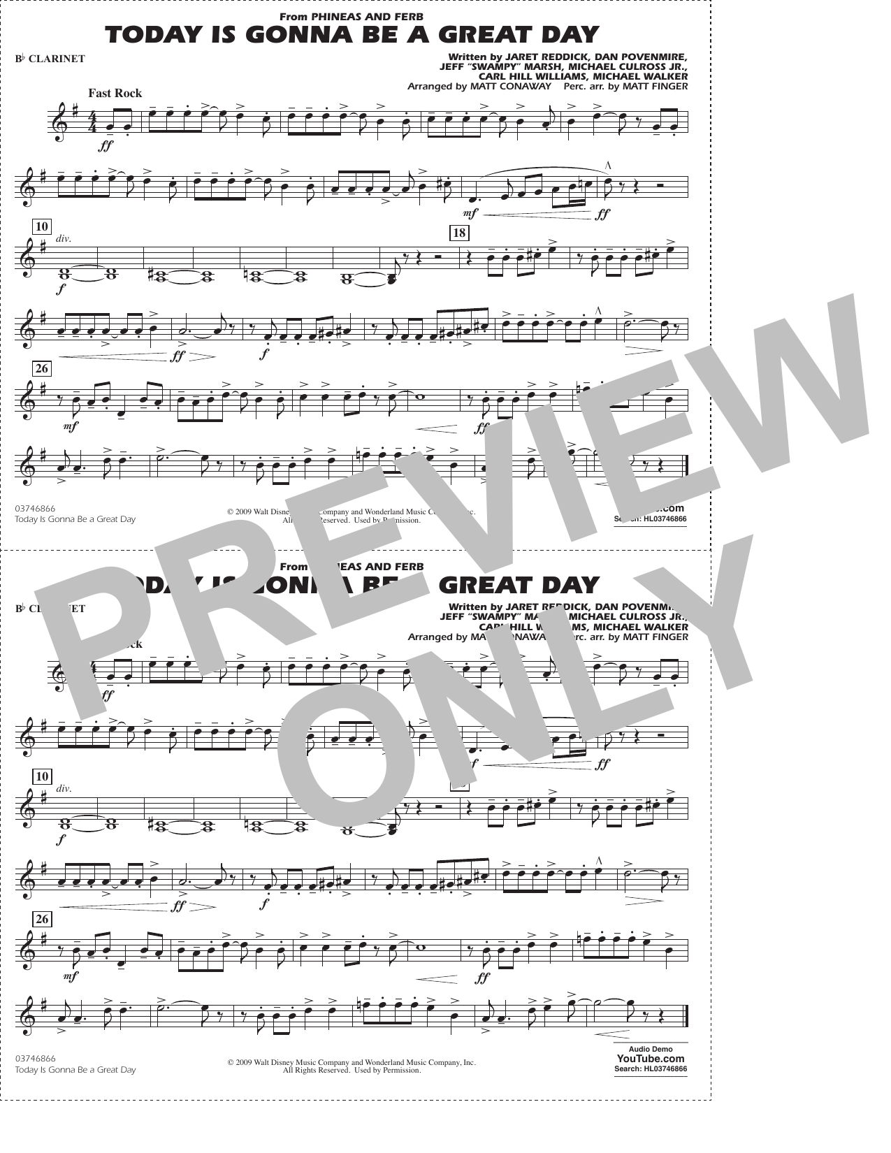 Today Is Gonna Be A Great Day (Phineas Ferb Theme) (arr. Conaway) - Bb Clarinet