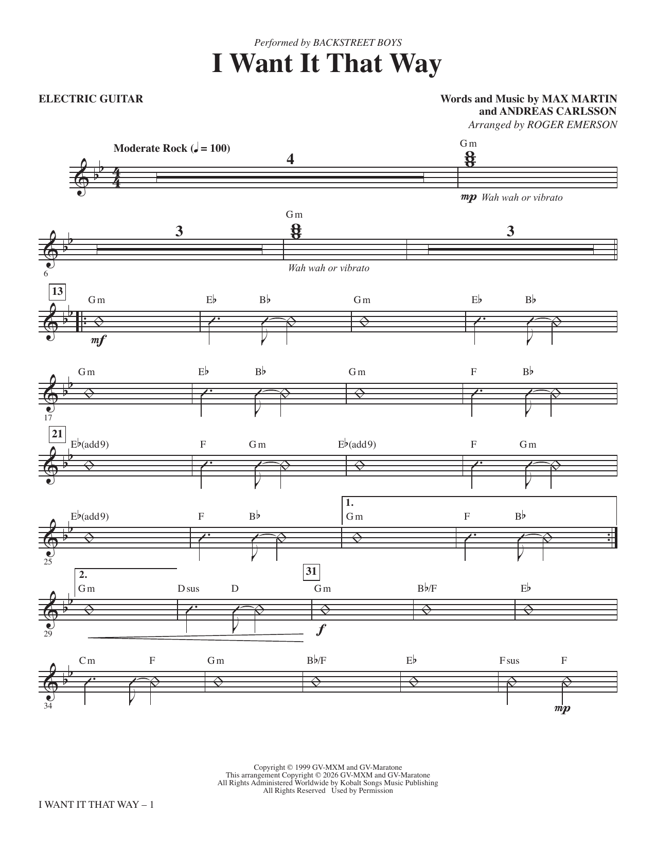 I Want It That Way (arr. Roger Emerson) - Electric Guitar: Choral Instrumental Pak