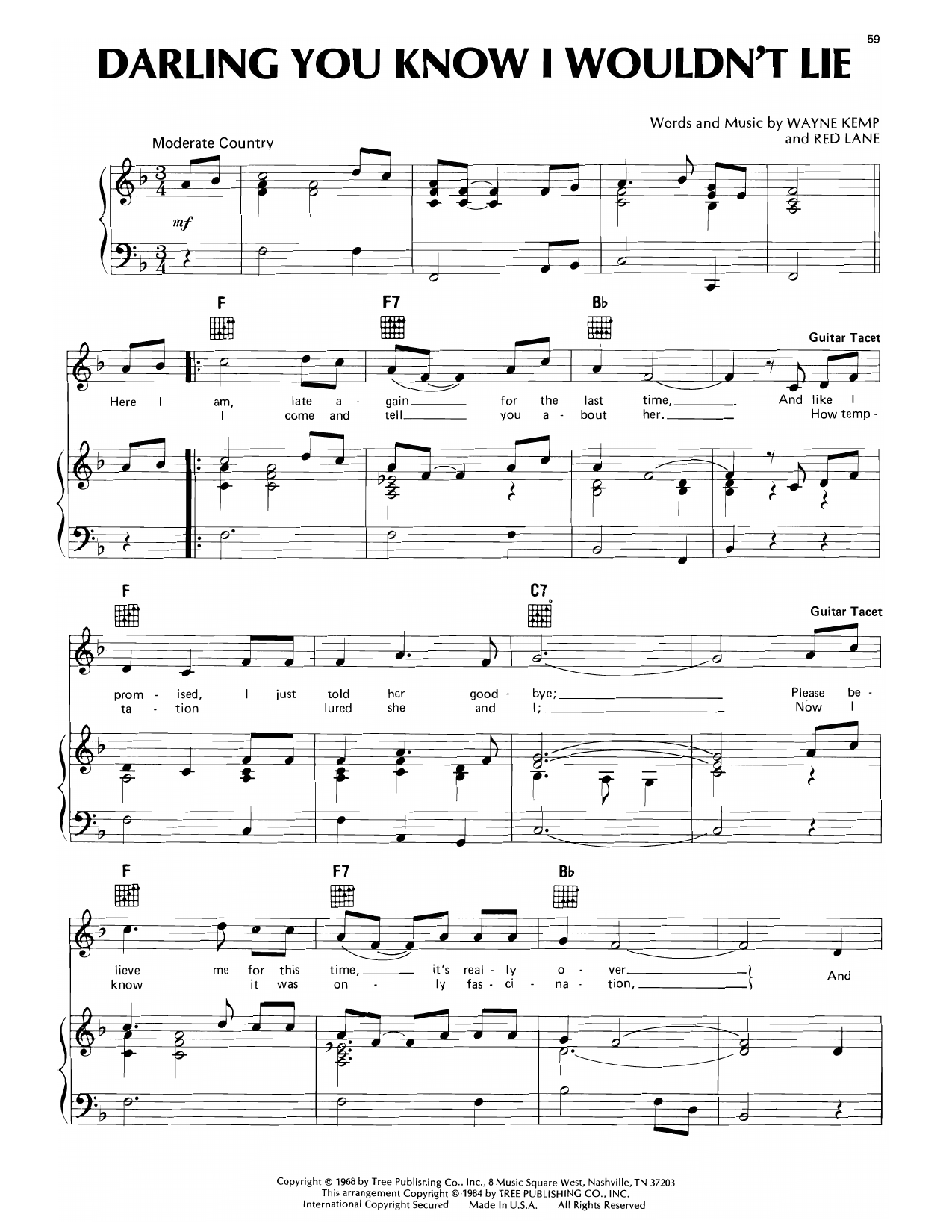Darling You Know I Wouldn't Lie: Piano/Vocal/Guitar Sheet