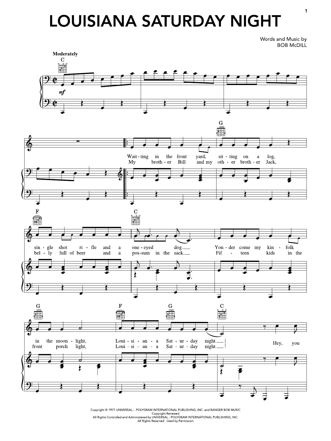 Louisiana Saturday Night: Piano/Vocal/Guitar Sheet