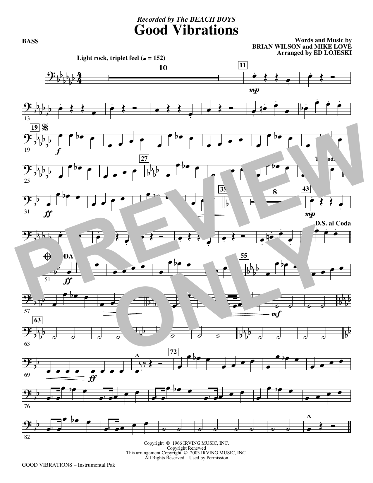 Good Vibrations (arr. Ed Lojeski) - Bass: Choral Instrumental Pak