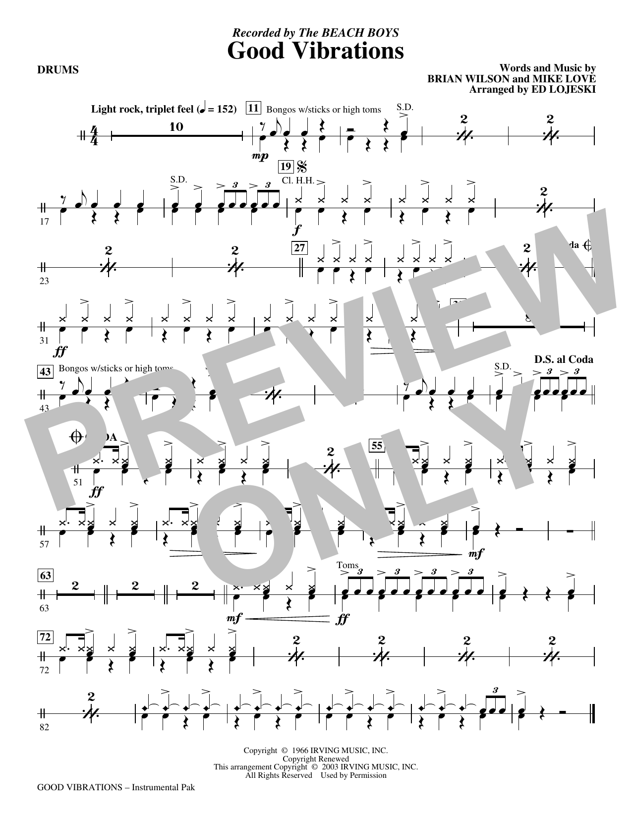 Good Vibrations (arr. Ed Lojeski) - Drums: Choral Instrumental Pak