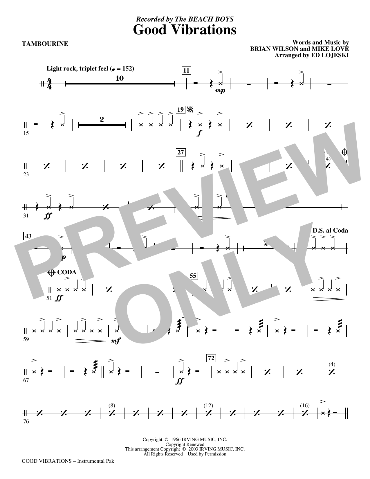 Good Vibrations (arr. Ed Lojeski) - Tambourine: Choral Instrumental Pak