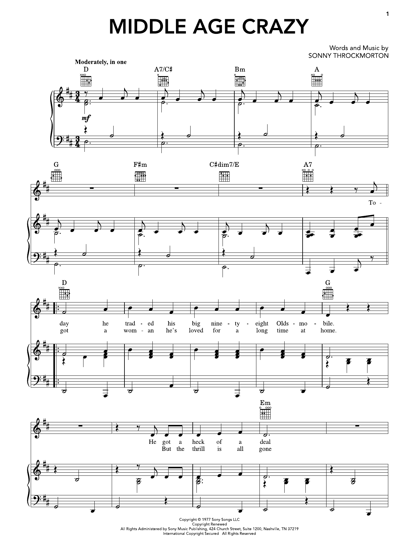 Middle Age Crazy: Piano/Vocal/Guitar Sheet