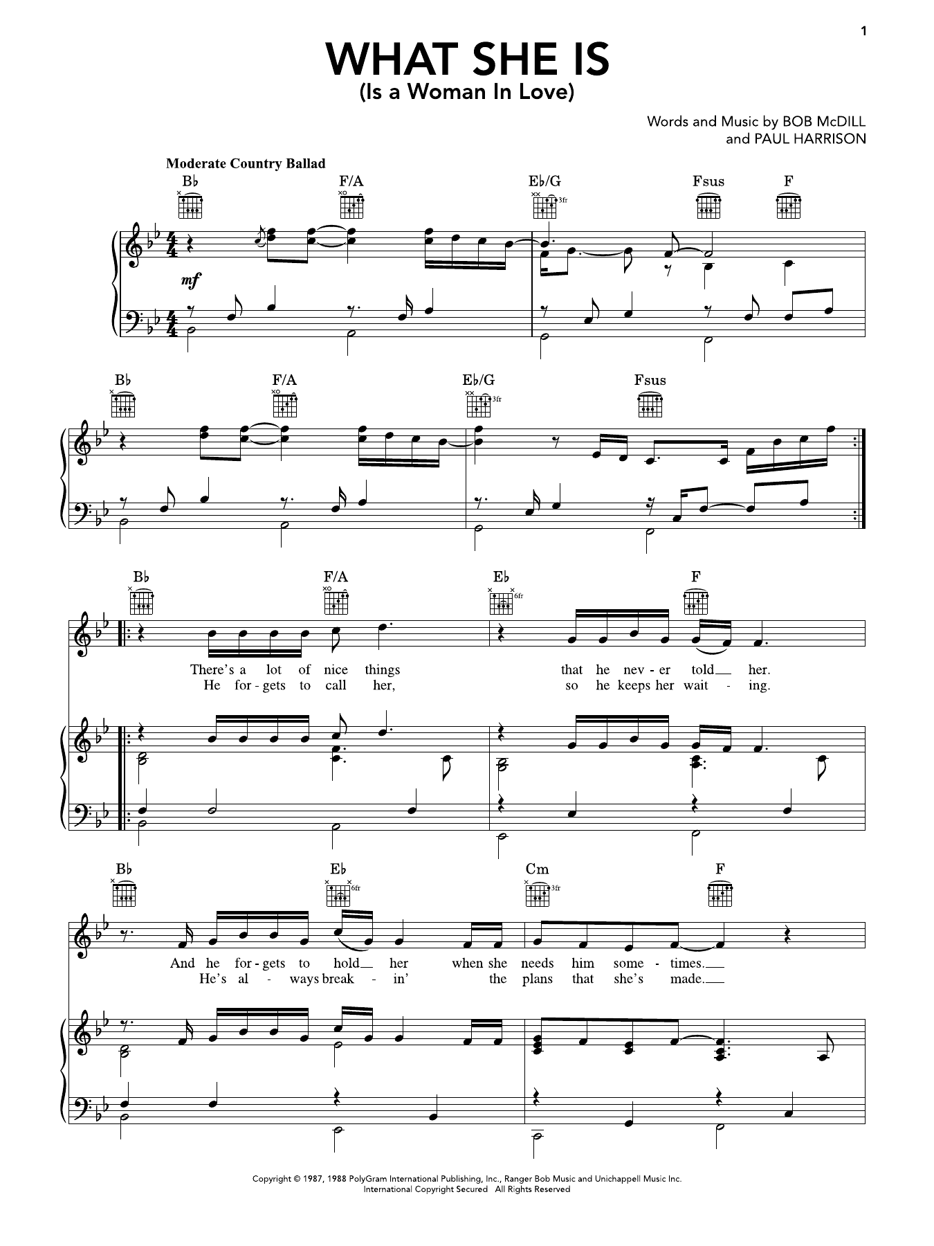 What She Is (Is A Woman In Love): Piano/Vocal/Guitar Sheet