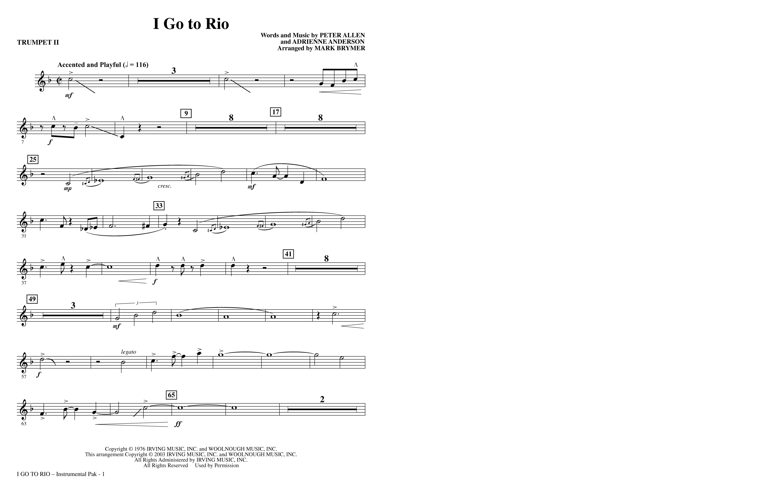 I Go To Rio (arr. Mark Brymer) - Bb Trumpet 2: Choral Instrumental Pak