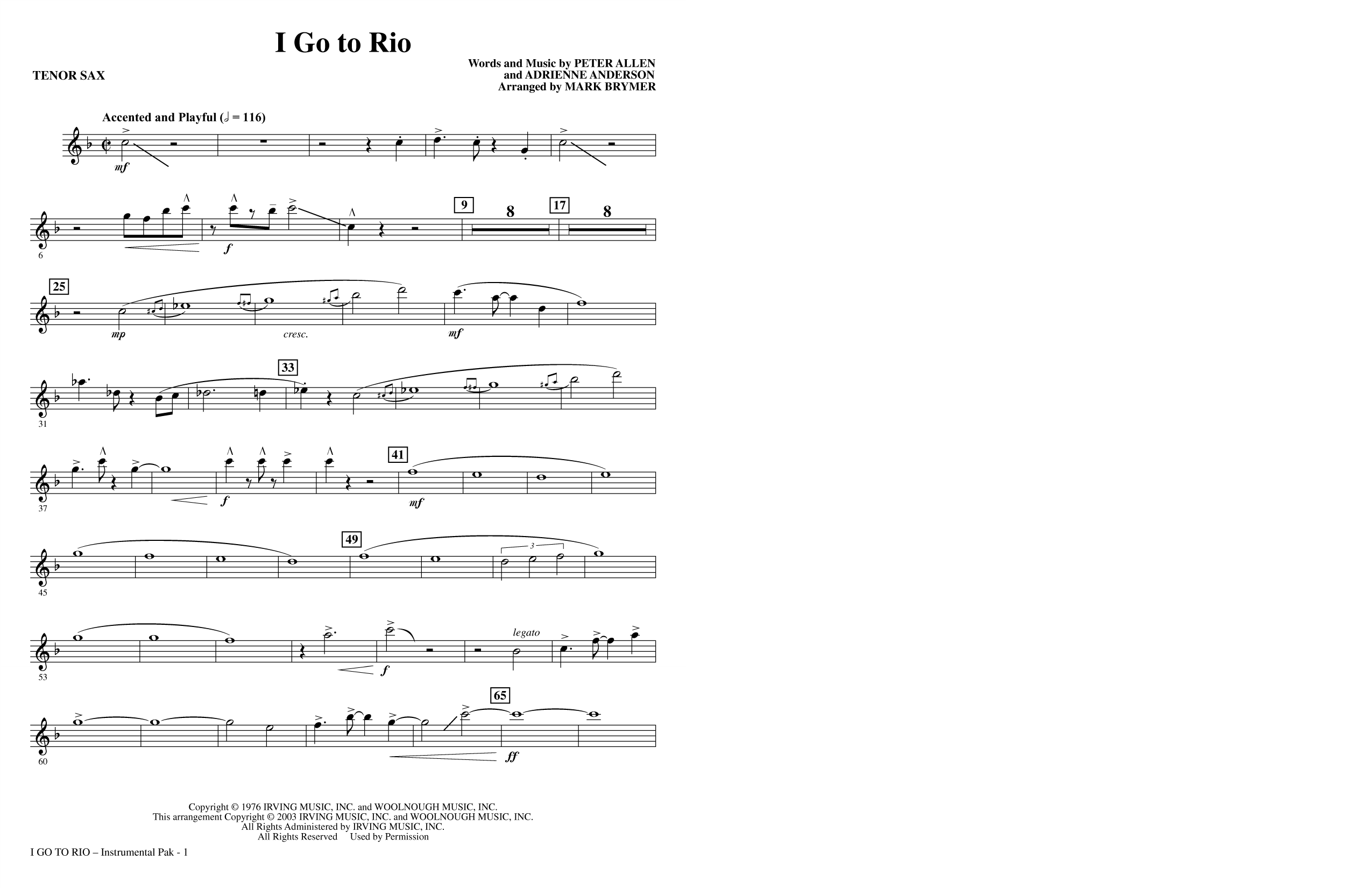 I Go To Rio (arr. Mark Brymer) - Bb Tenor Saxophone: Choral Instrumental Pak