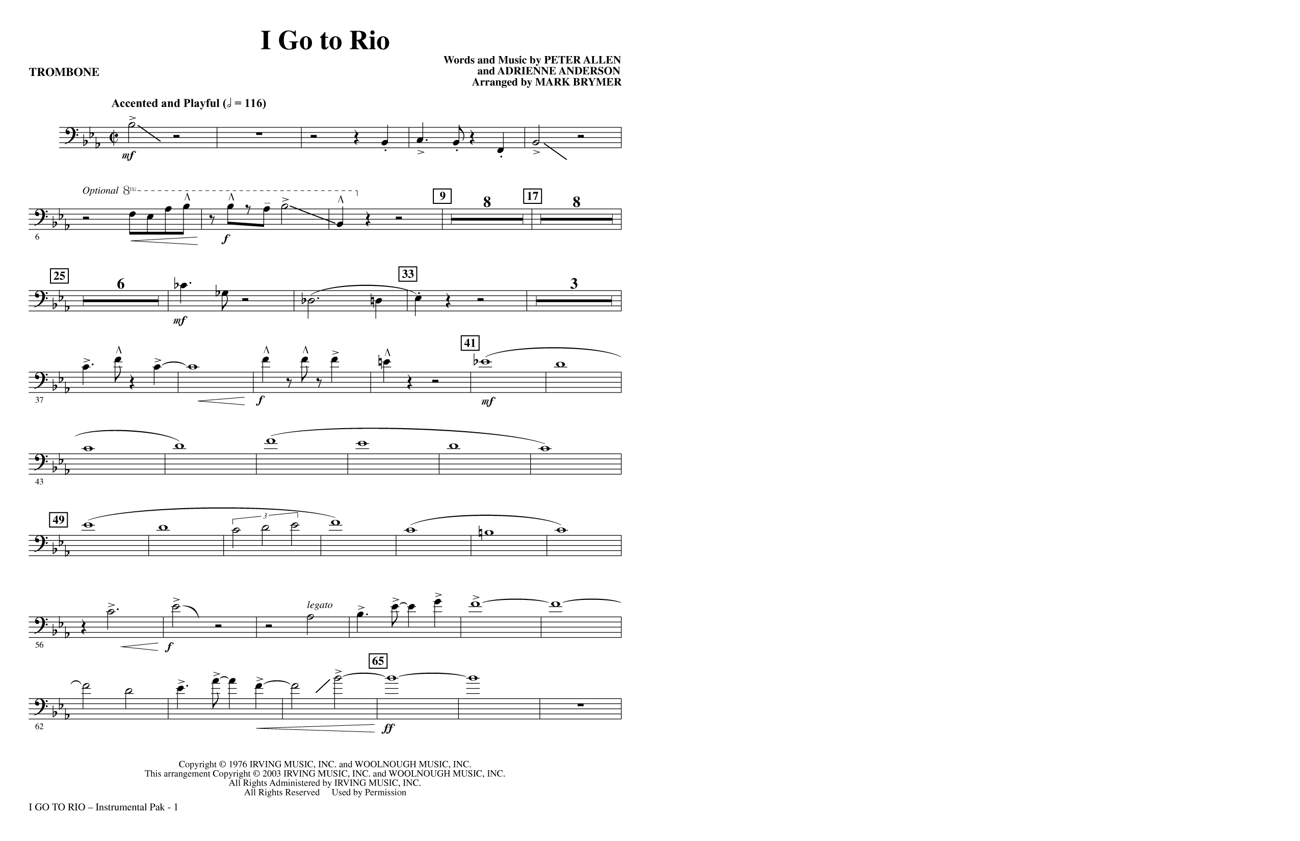 I Go To Rio (arr. Mark Brymer) - Trombone: Choral Instrumental Pak