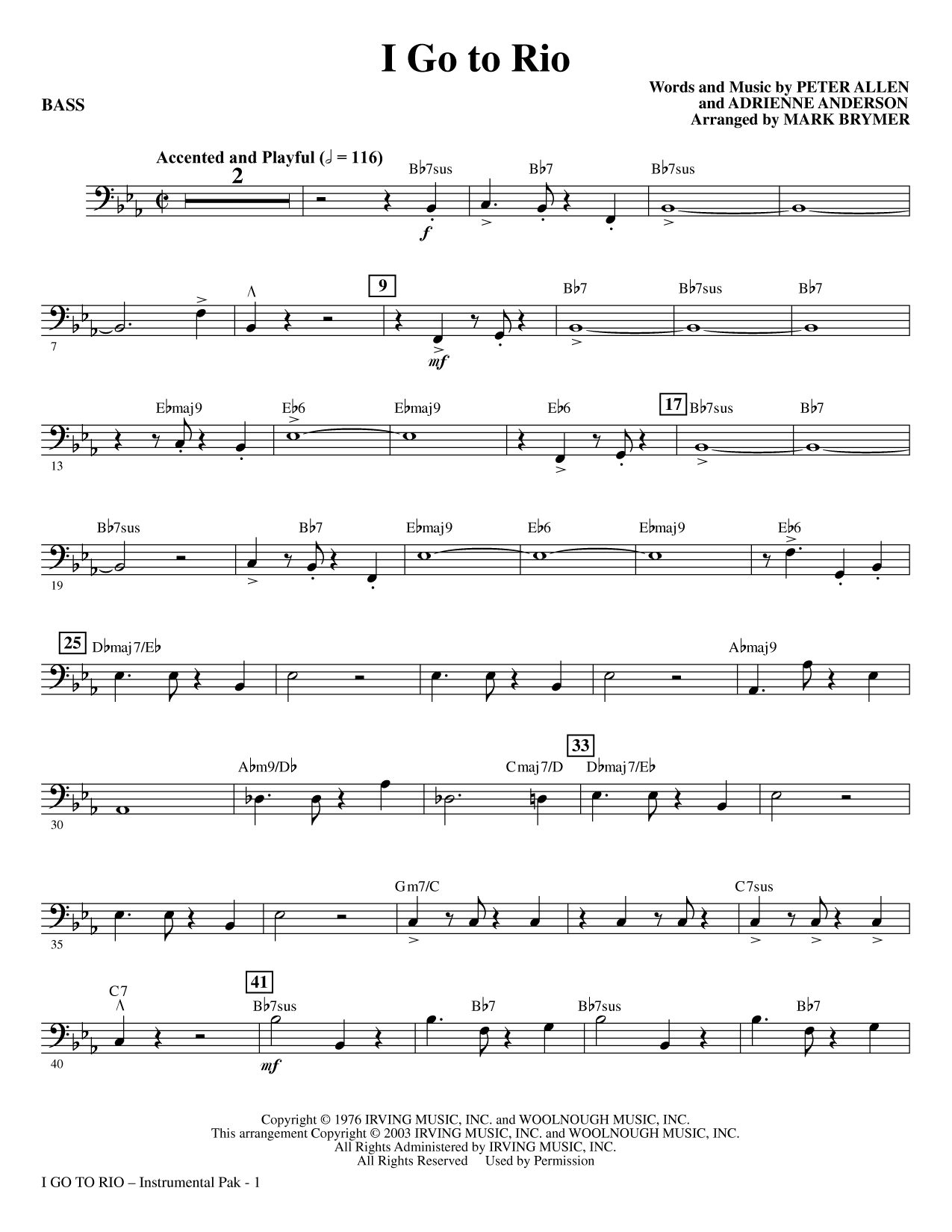 I Go To Rio (arr. Mark Brymer) - Bass: Choral Instrumental Pak