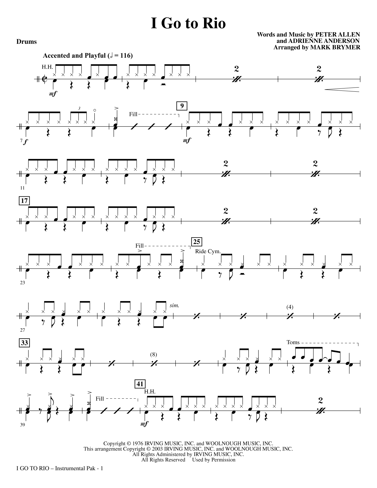 I Go To Rio (arr. Mark Brymer) - Drums: Choral Instrumental Pak