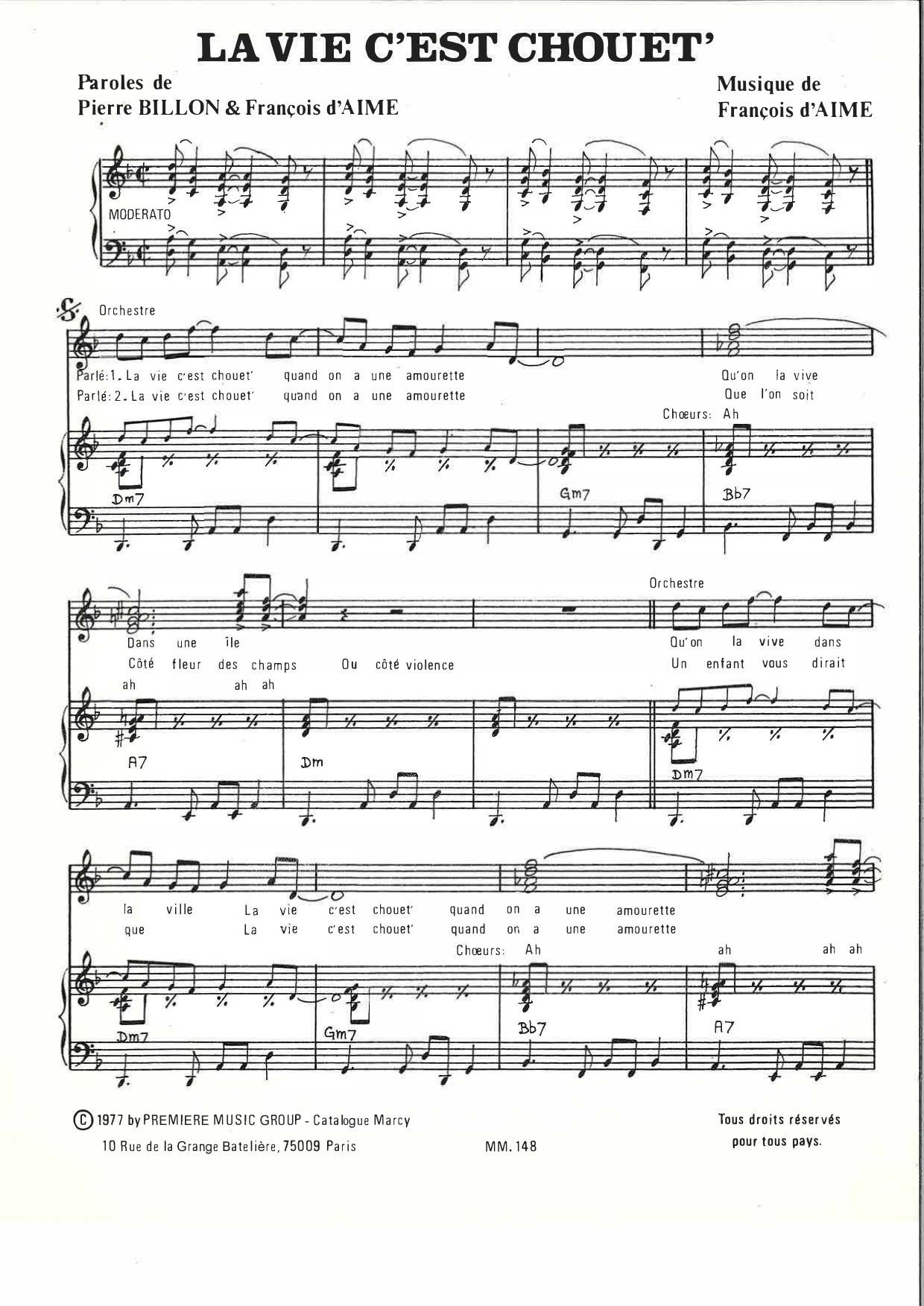 La vie c'est chouet': Piano Vocal