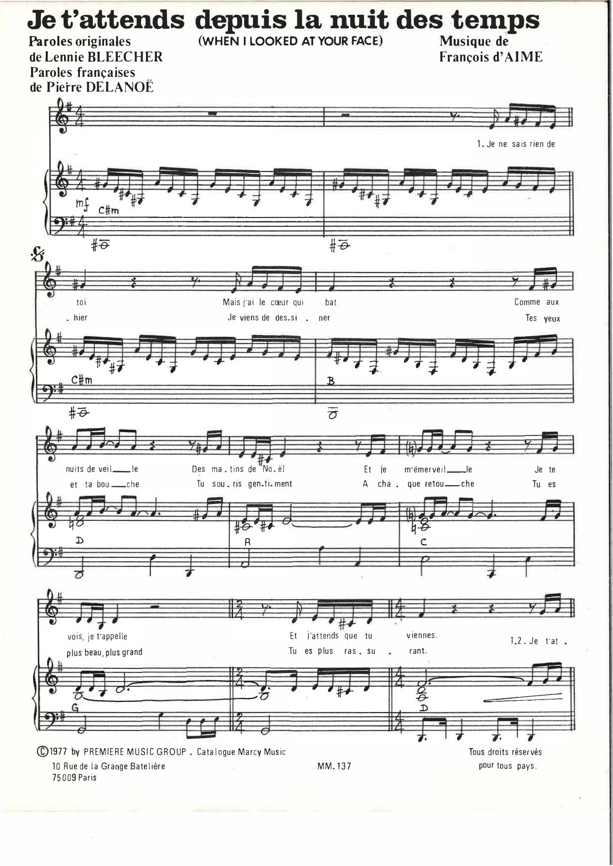 Je t'attends depuis la nuit des temps: Piano Vocal