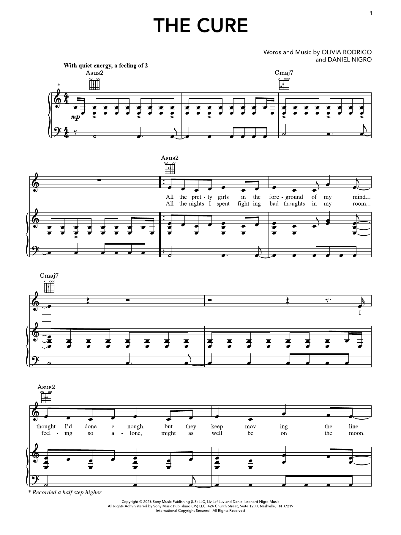 the cure live concert バンドスコア　楽譜 the cure by Olivia Rodrigo Sheet Music for Piano, Vocal & Guitar