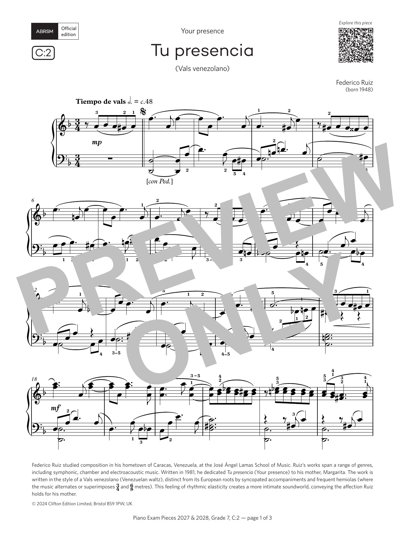 Tu presencia (Grade 7, list C2, from the ABRSM Piano Syllabus 2027 & 2028): Piano Solo