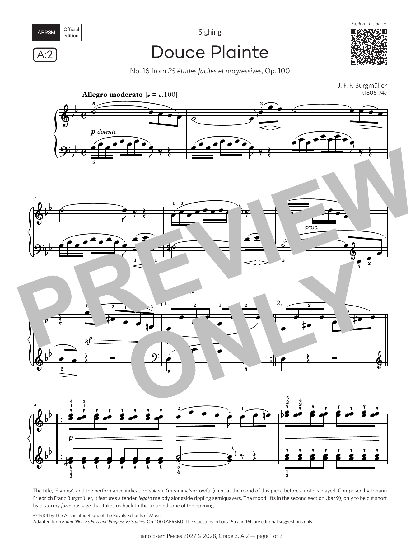 Douce Plainte (Grade 3, list A2, from the ABRSM Piano Syllabus 2027 & 2028): Piano Solo