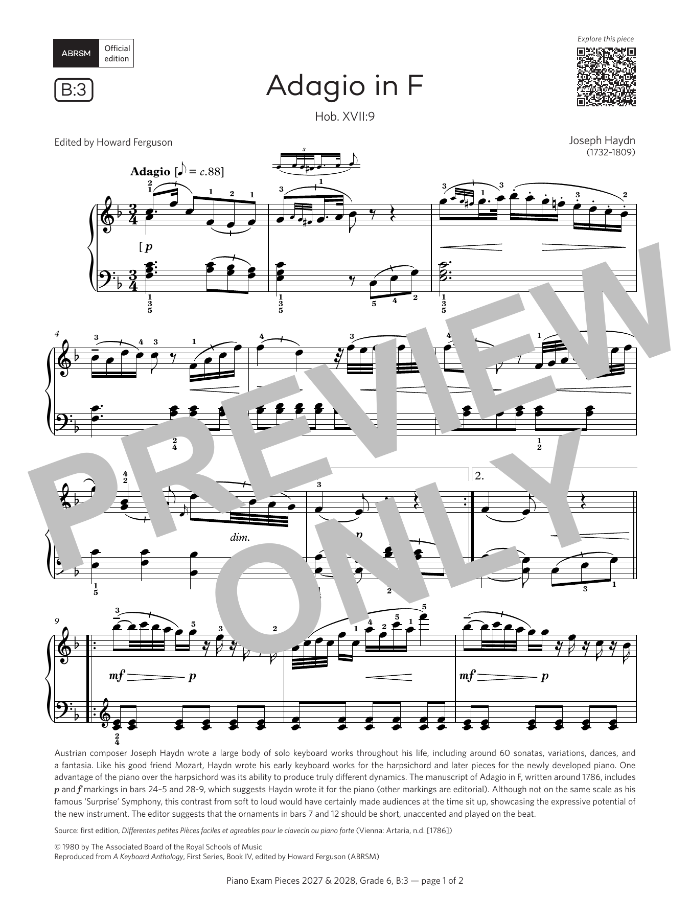 Adagio in F (Grade 6, list B3, from the ABRSM Piano Syllabus 2027 & 2028): Piano Solo