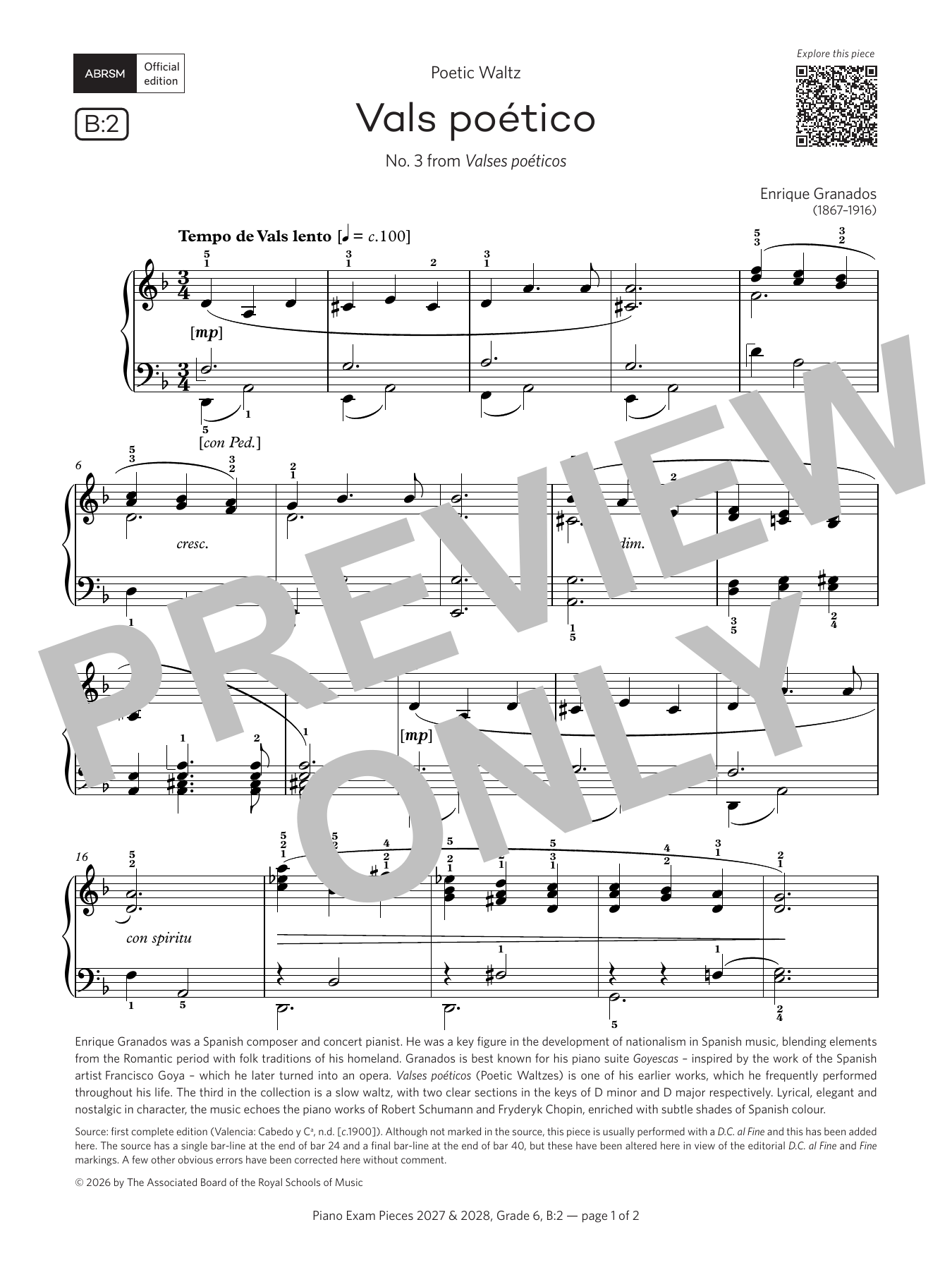 Vals poético (Grade 6, list B2, from the ABRSM Piano Syllabus 2027 & 2028): Piano Solo