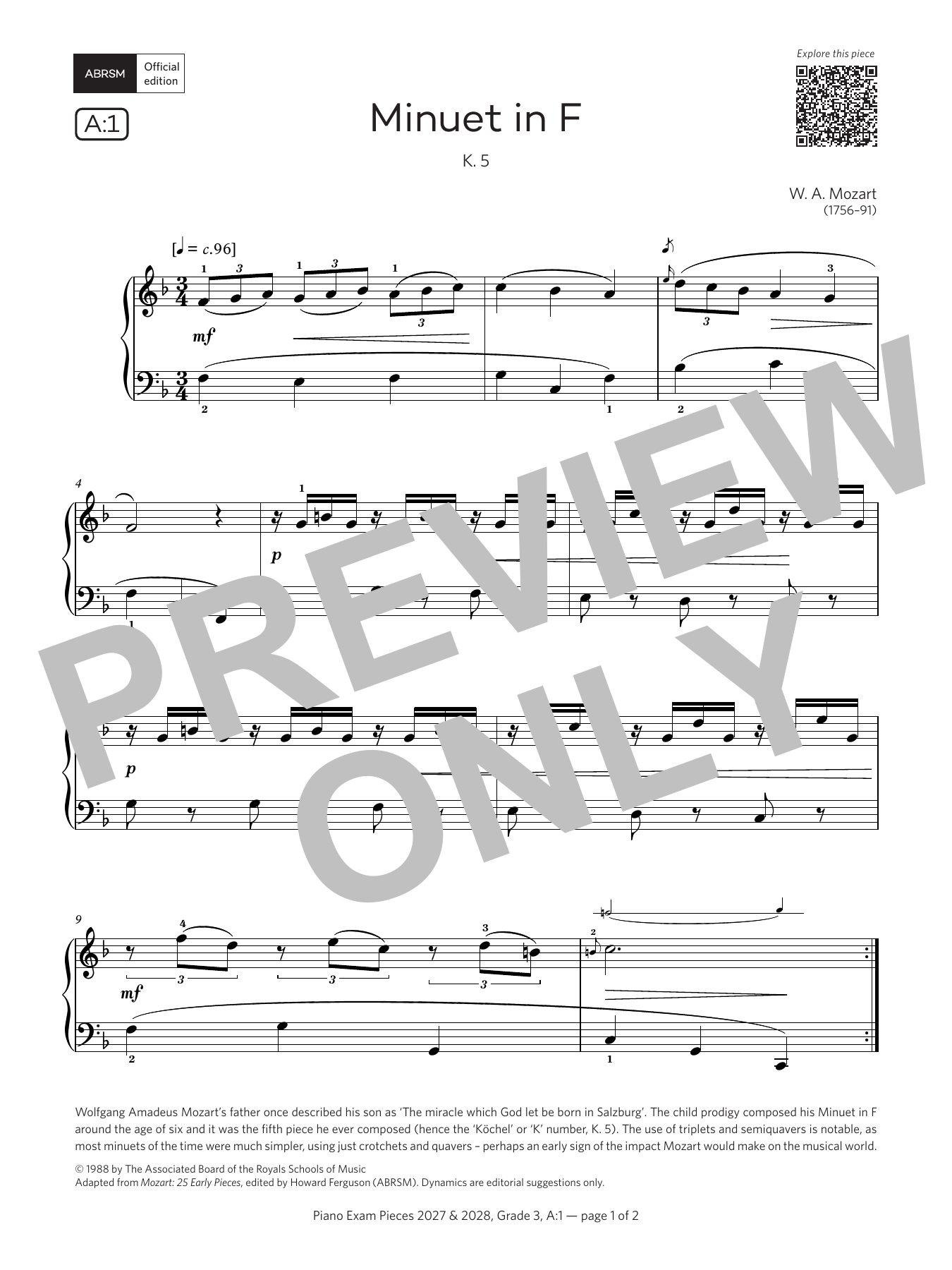 Minuet in F (Grade 3, list A1, from the ABRSM Piano Syllabus 2027 & 2028): Piano Solo