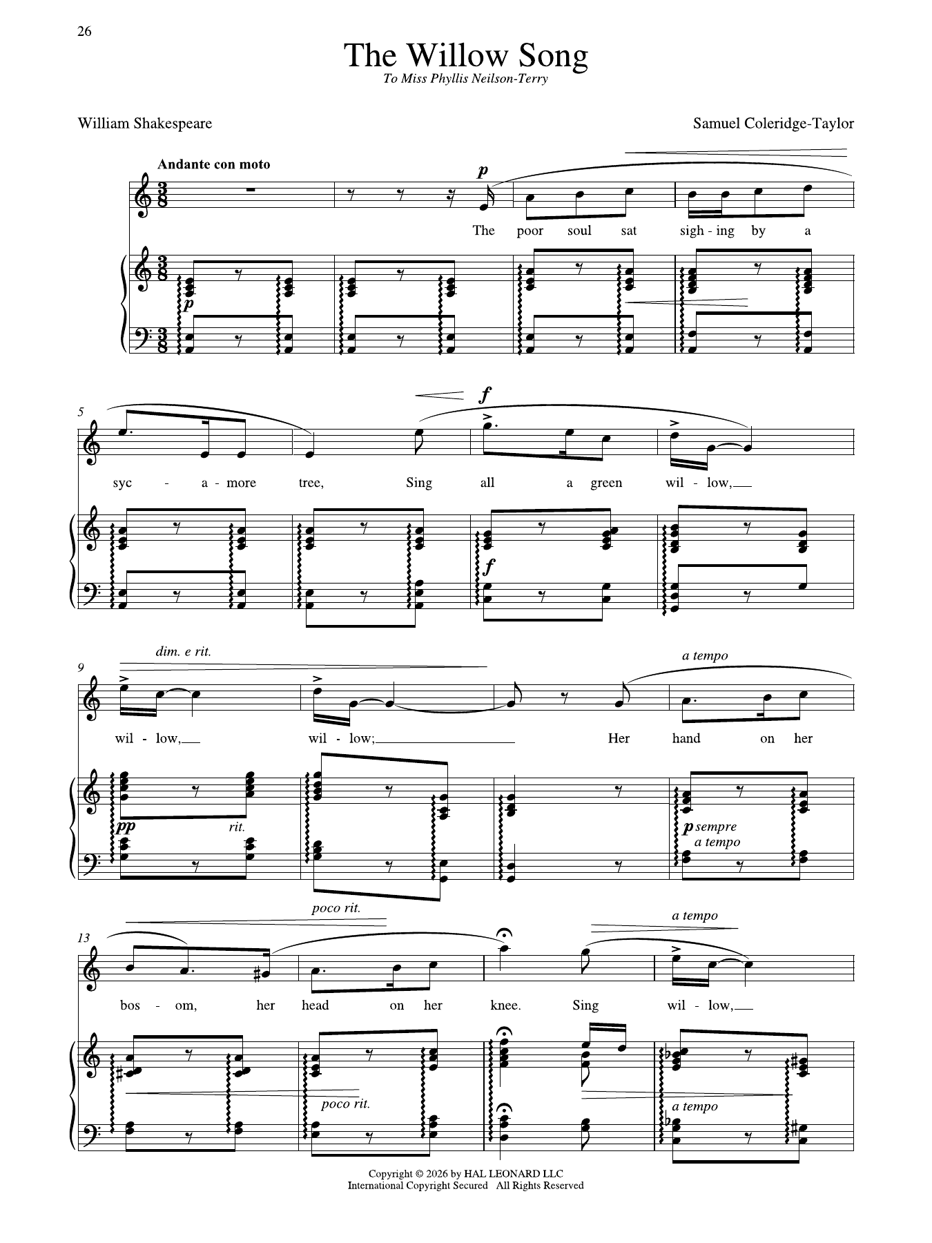The Willow Song (High Voice): Piano Vocal
