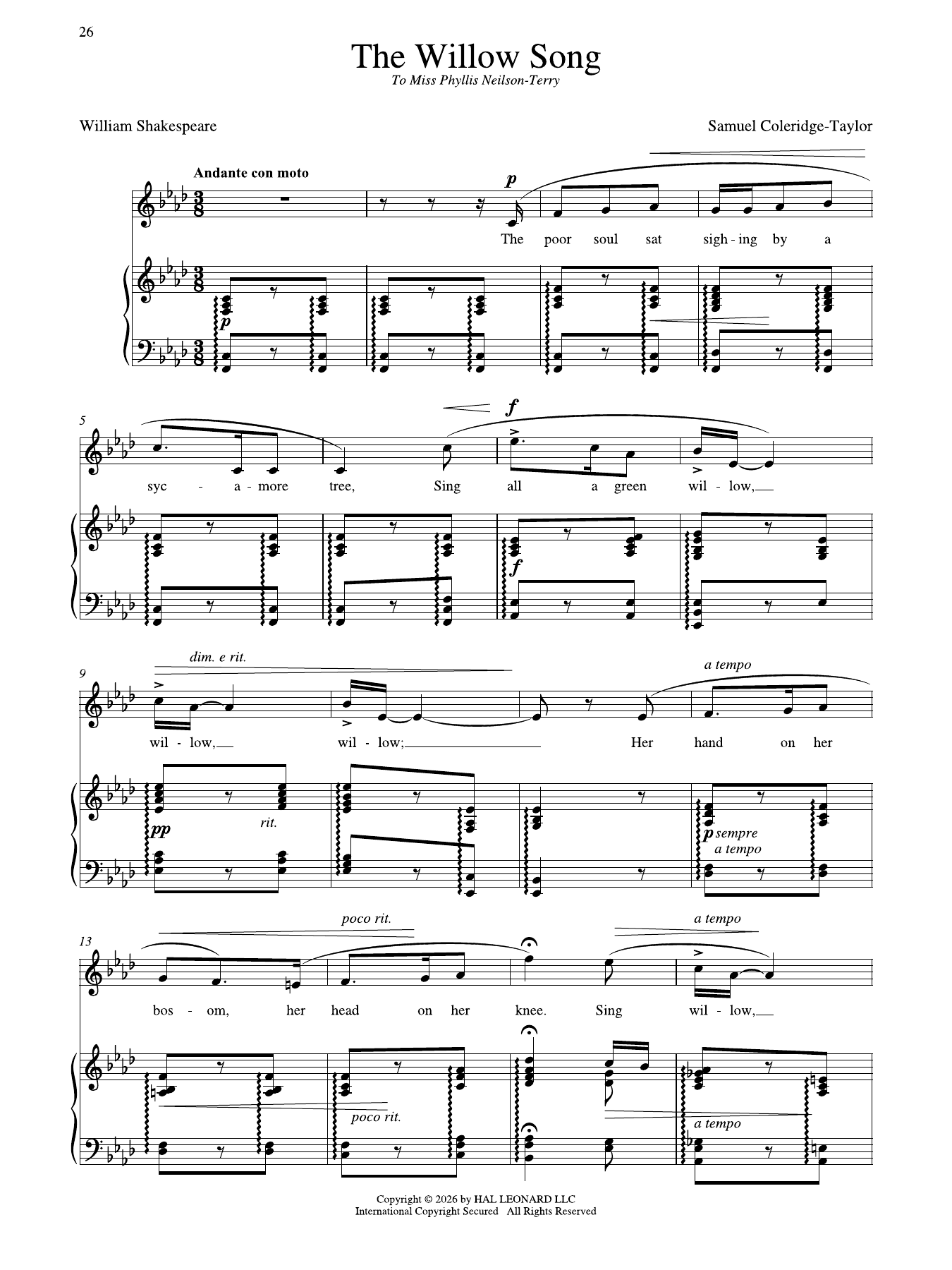 The Willow Song (Low Voice): Piano Vocal