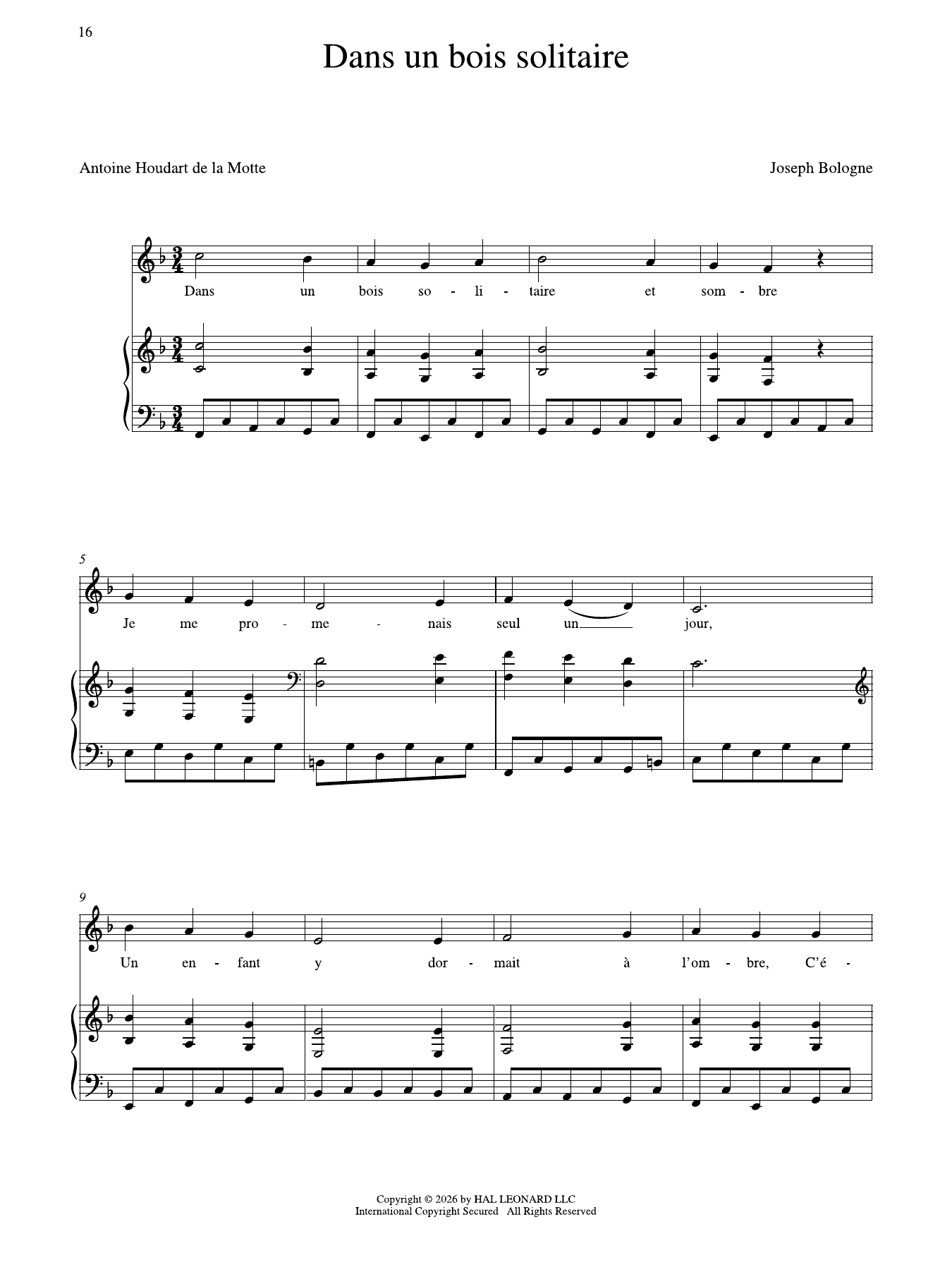 Dans Un Bois Solitaire (Low Voice): Piano Vocal