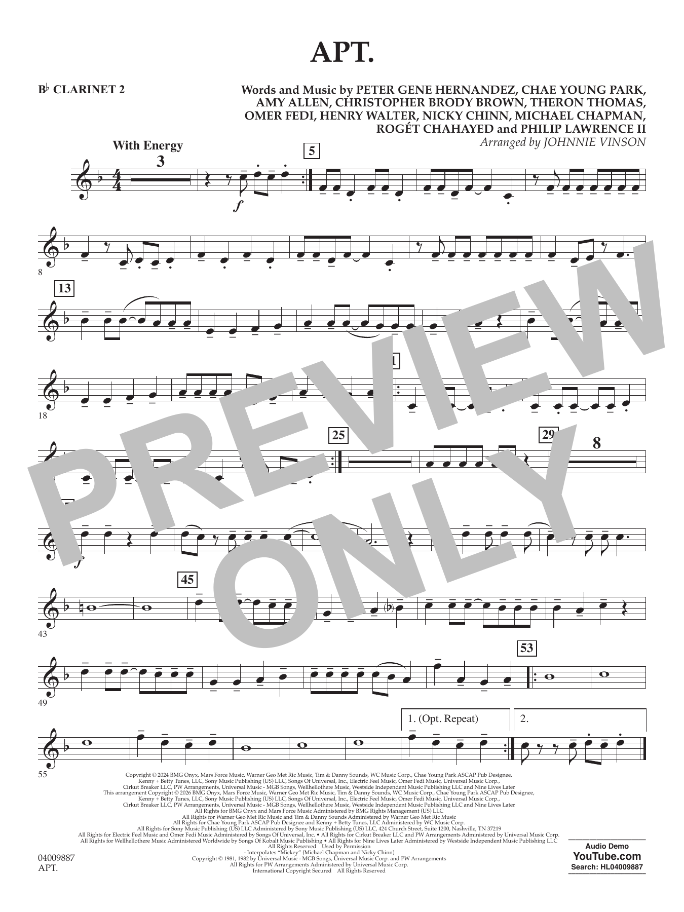 APT. (arr. Johnnie Vinson) - Bb Clarinet 2