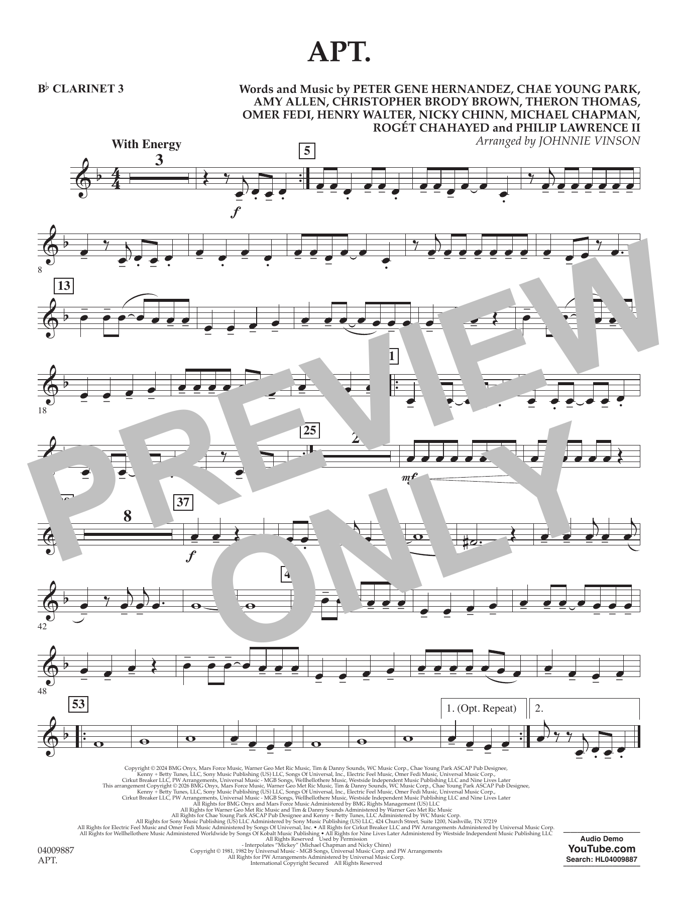 APT. (arr. Johnnie Vinson) - Bb Clarinet 3