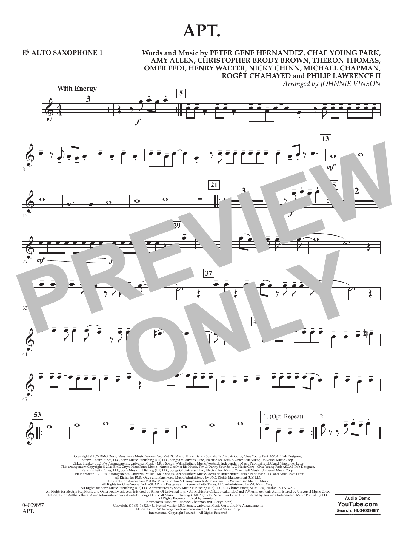 APT. (arr. Johnnie Vinson) - Eb Alto Saxophone 1