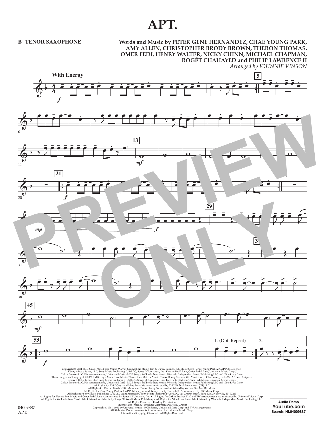 APT. (arr. Johnnie Vinson) - Bb Tenor Saxophone