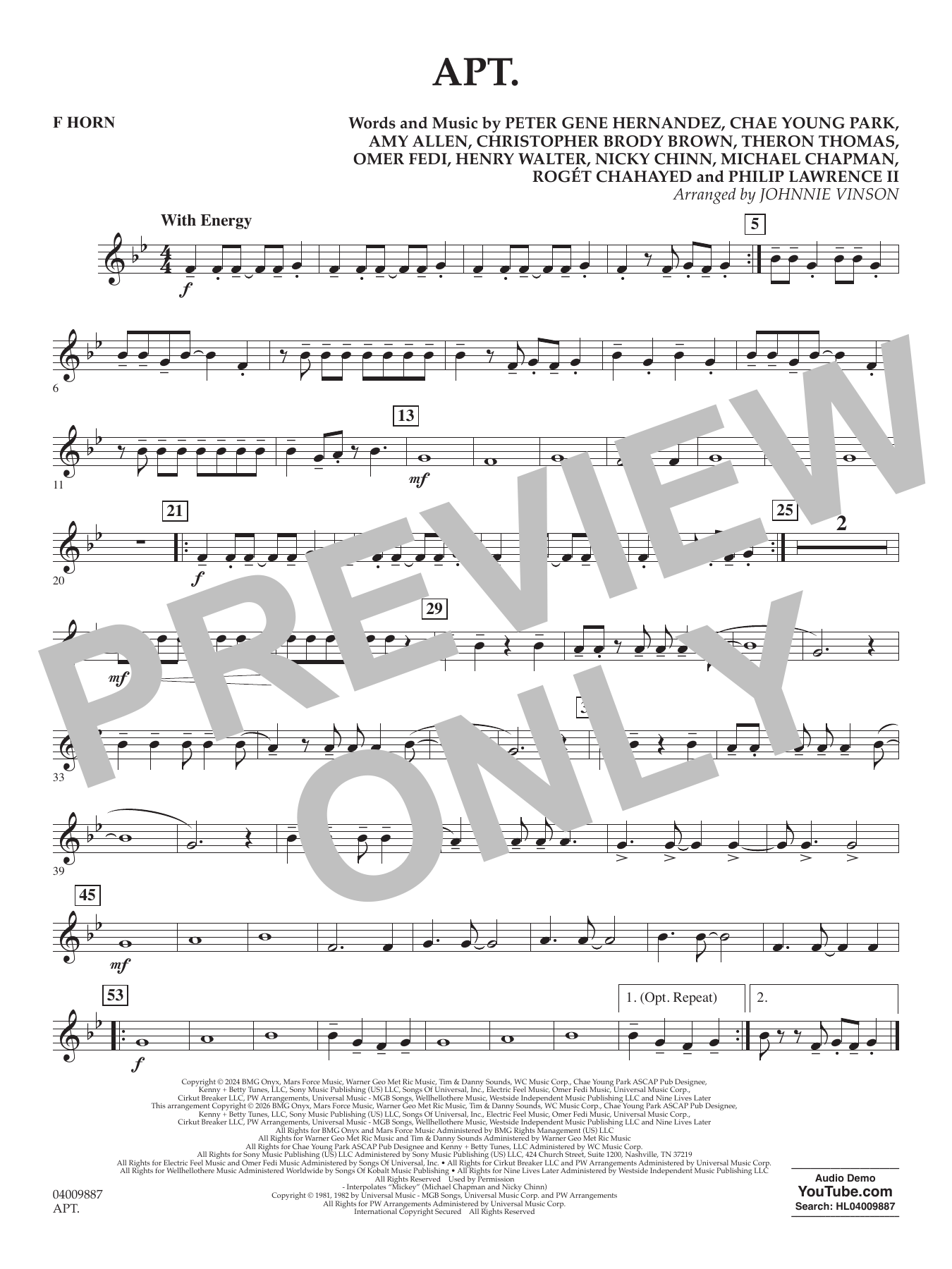 APT. (arr. Johnnie Vinson) - F Horn